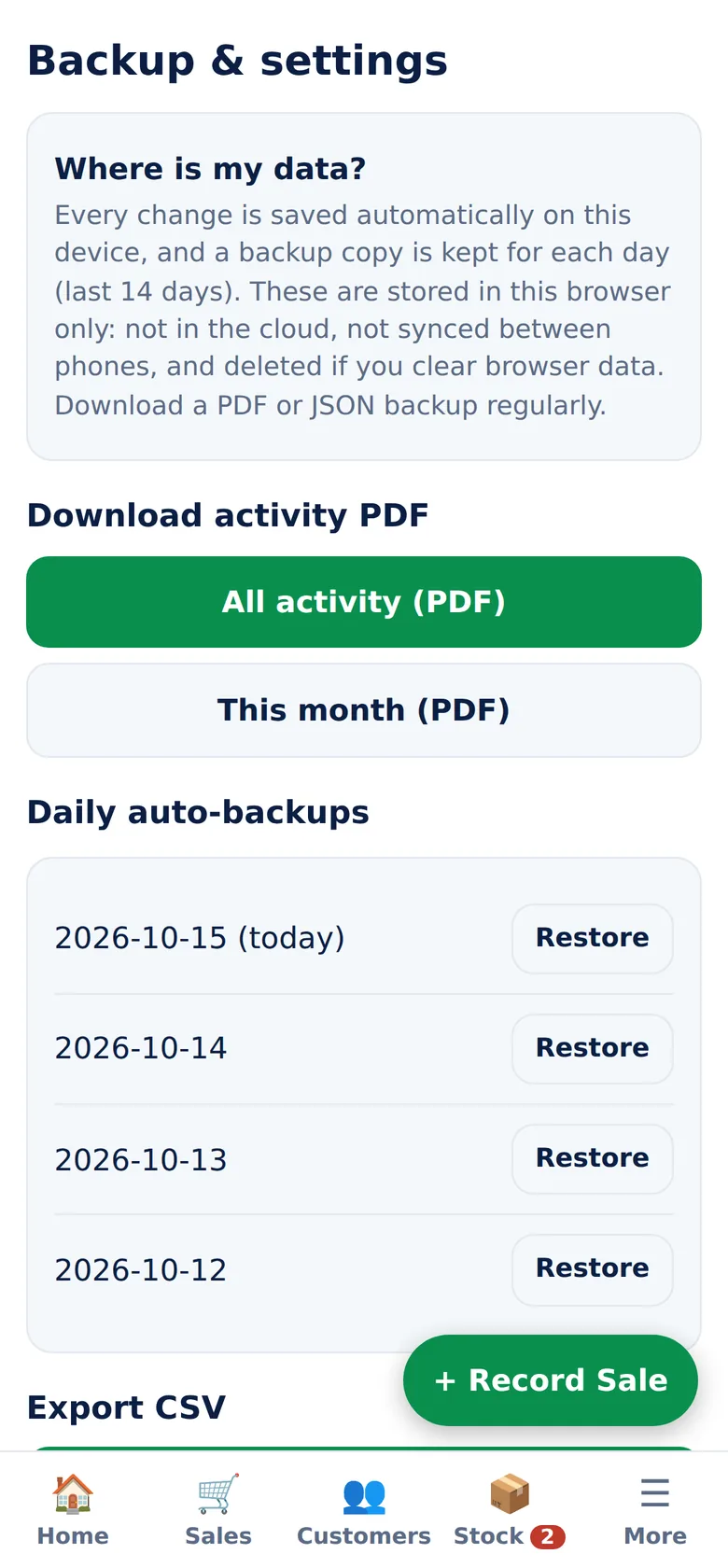 Backups, PDF and CSV screen of NaijaBiz Assistant
