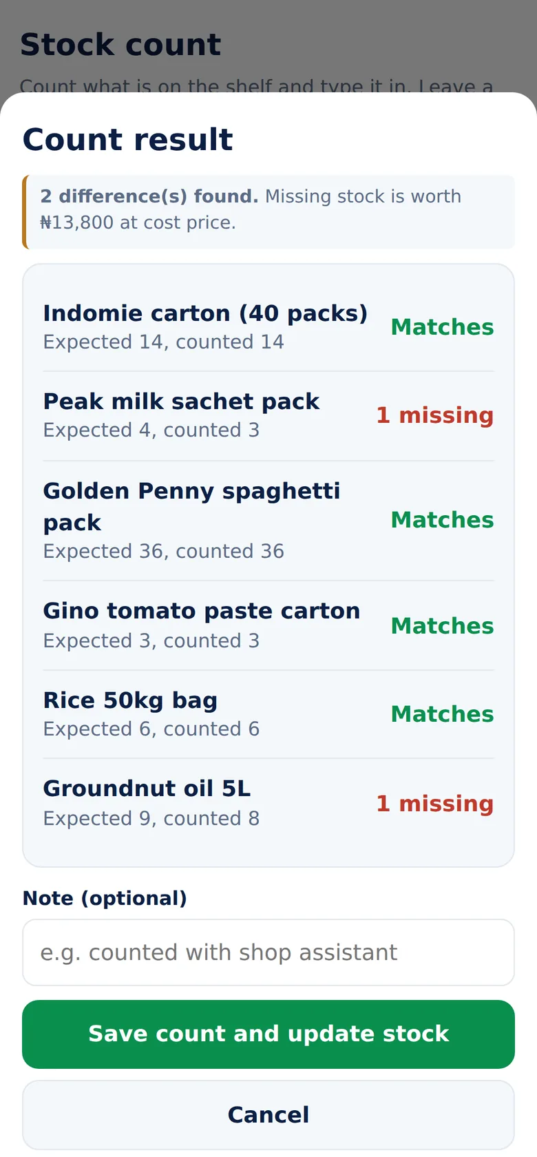 Stock Count: Compare the Shelf with the App screen of NaijaBiz Assistant