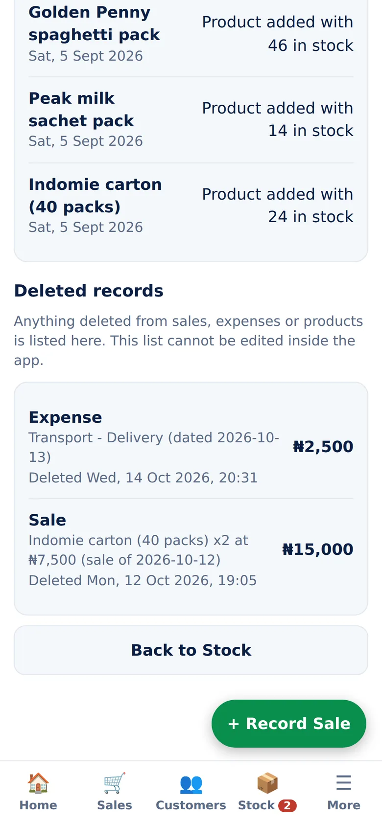 Deleted Records Log screen of NaijaBiz Assistant