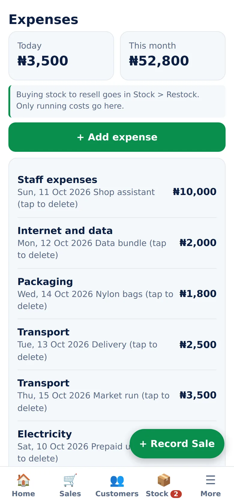 Expenses screen of NaijaBiz Assistant