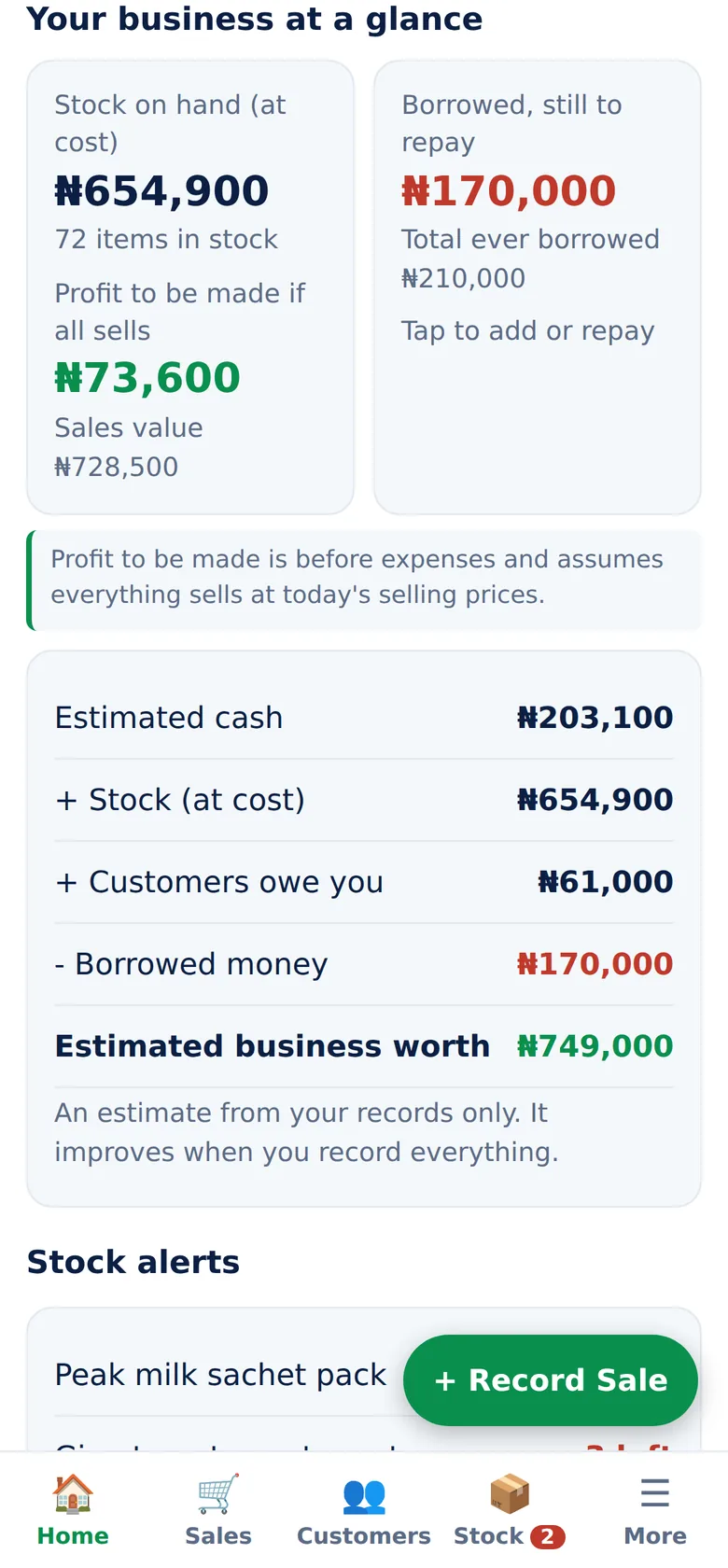 Business at a Glance screen of NaijaBiz Assistant