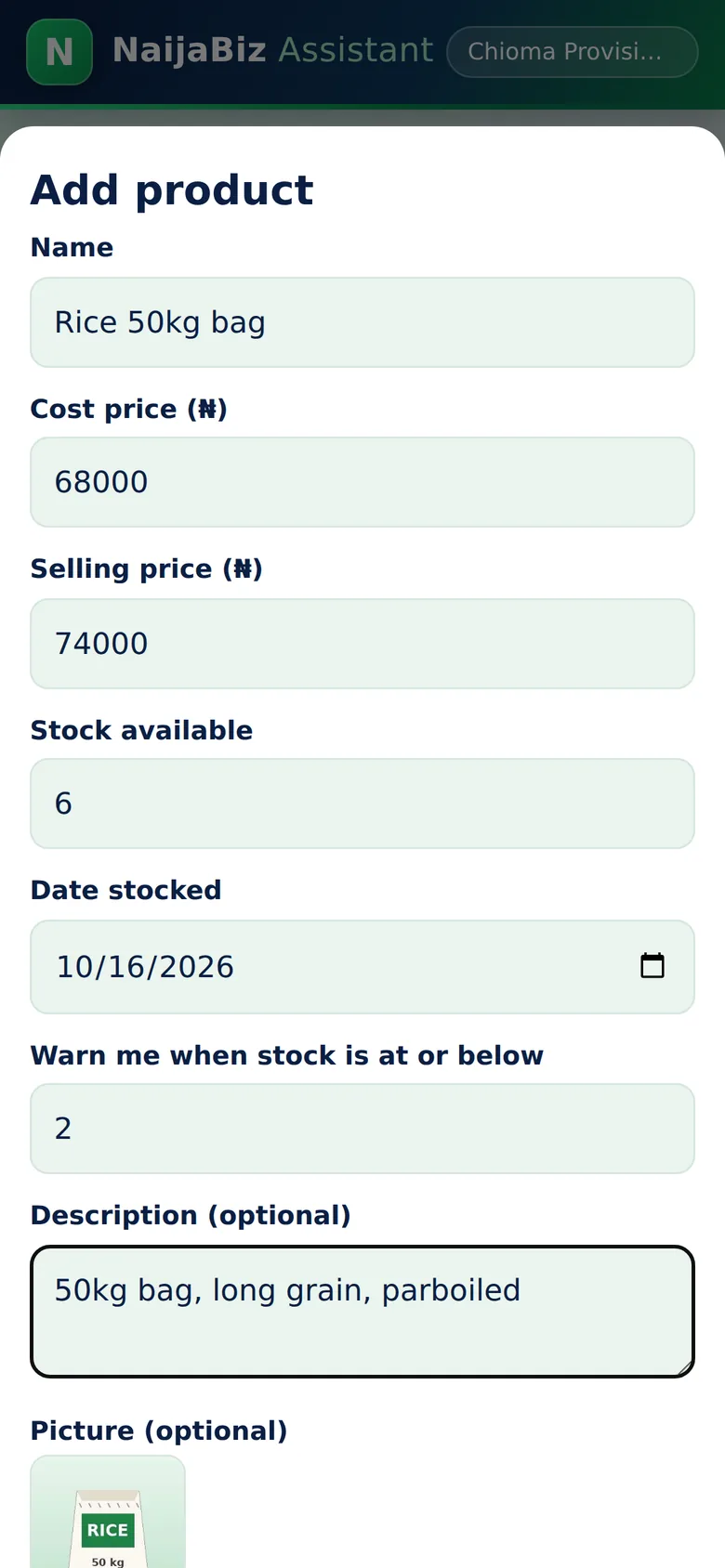 Name, prices and quantity