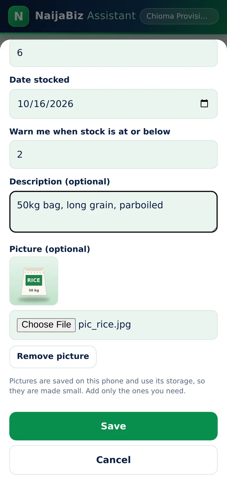Optional note and picture