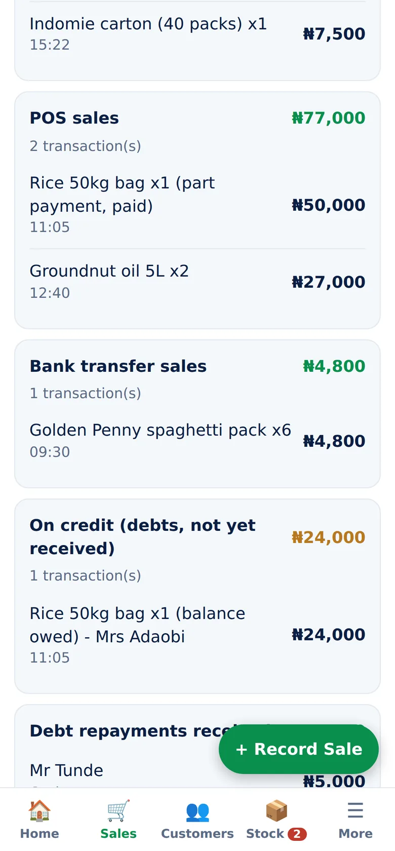 Money by Payment Type screen of NaijaBiz Assistant