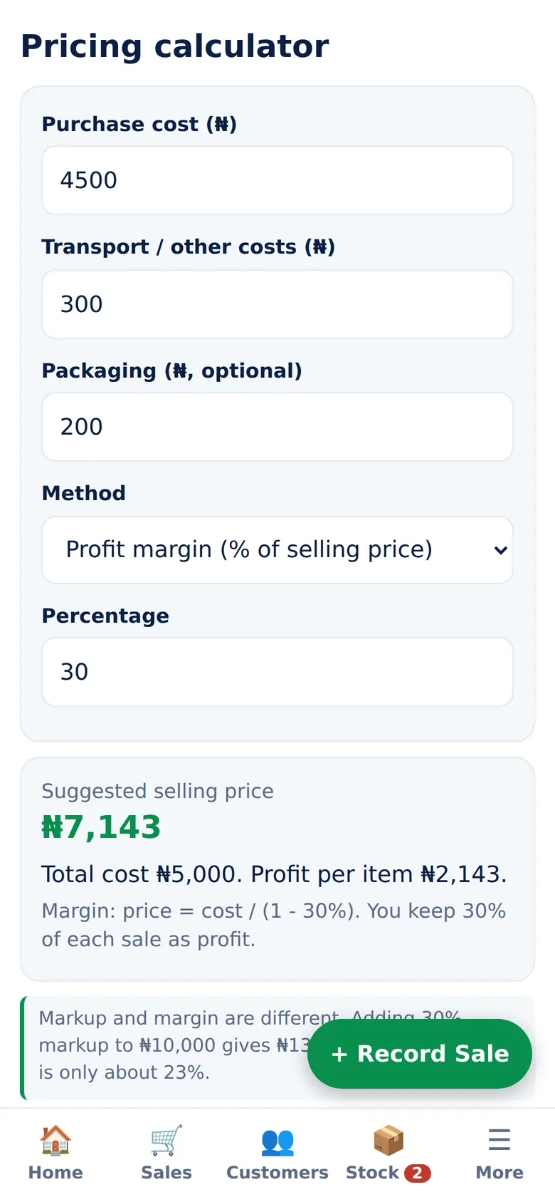 Smart Pricing Calculator screen of NaijaBiz Assistant