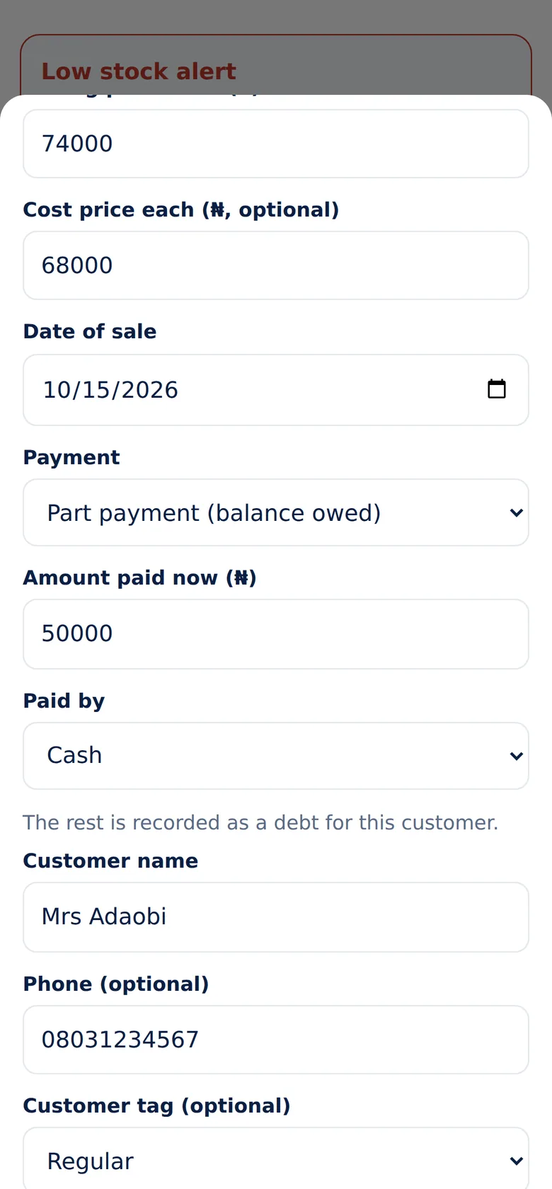 Record a Sale in Seconds screen of NaijaBiz Assistant