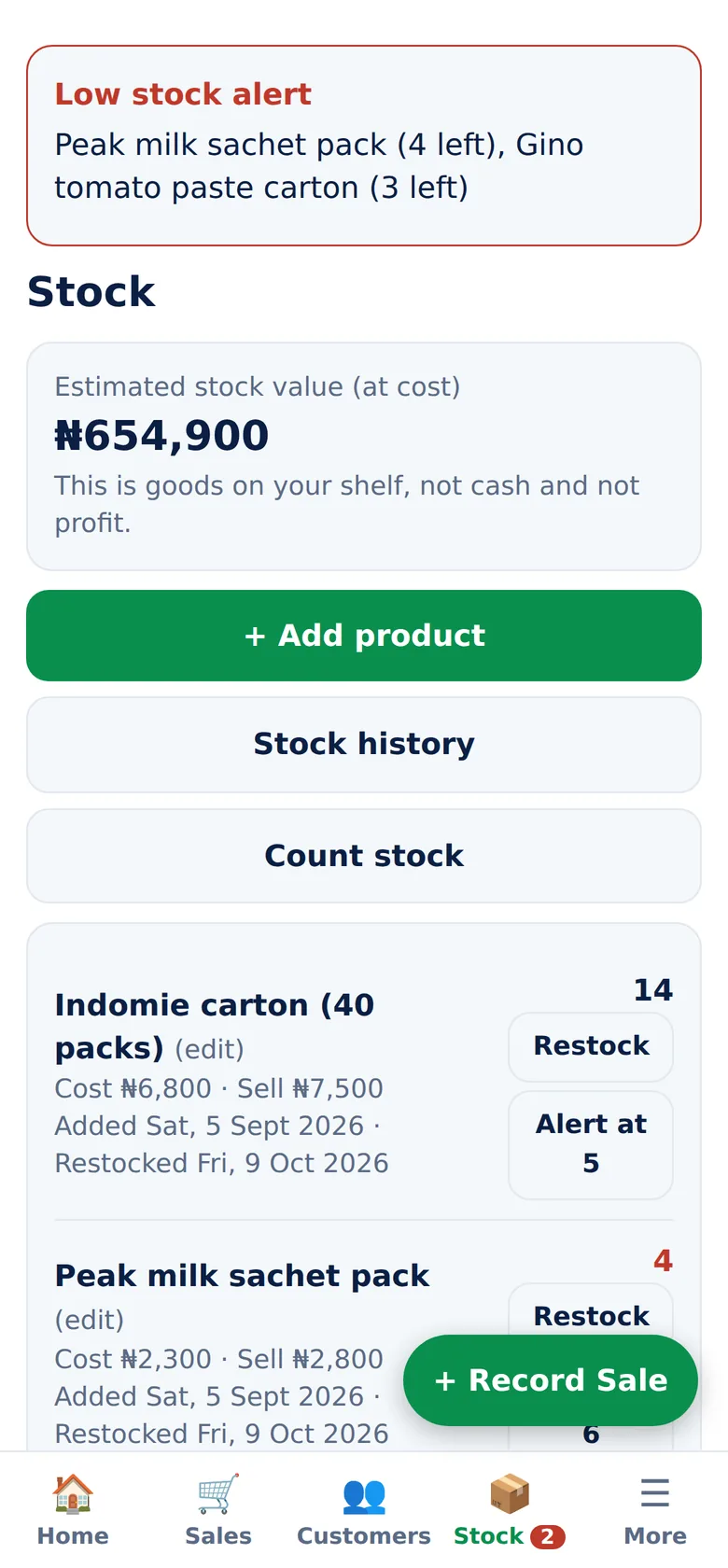 Stock and Low-Stock Alerts screen of NaijaBiz Assistant