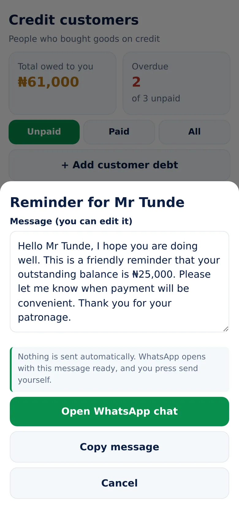 One-Tap WhatsApp Reminders screen of NaijaBiz Assistant